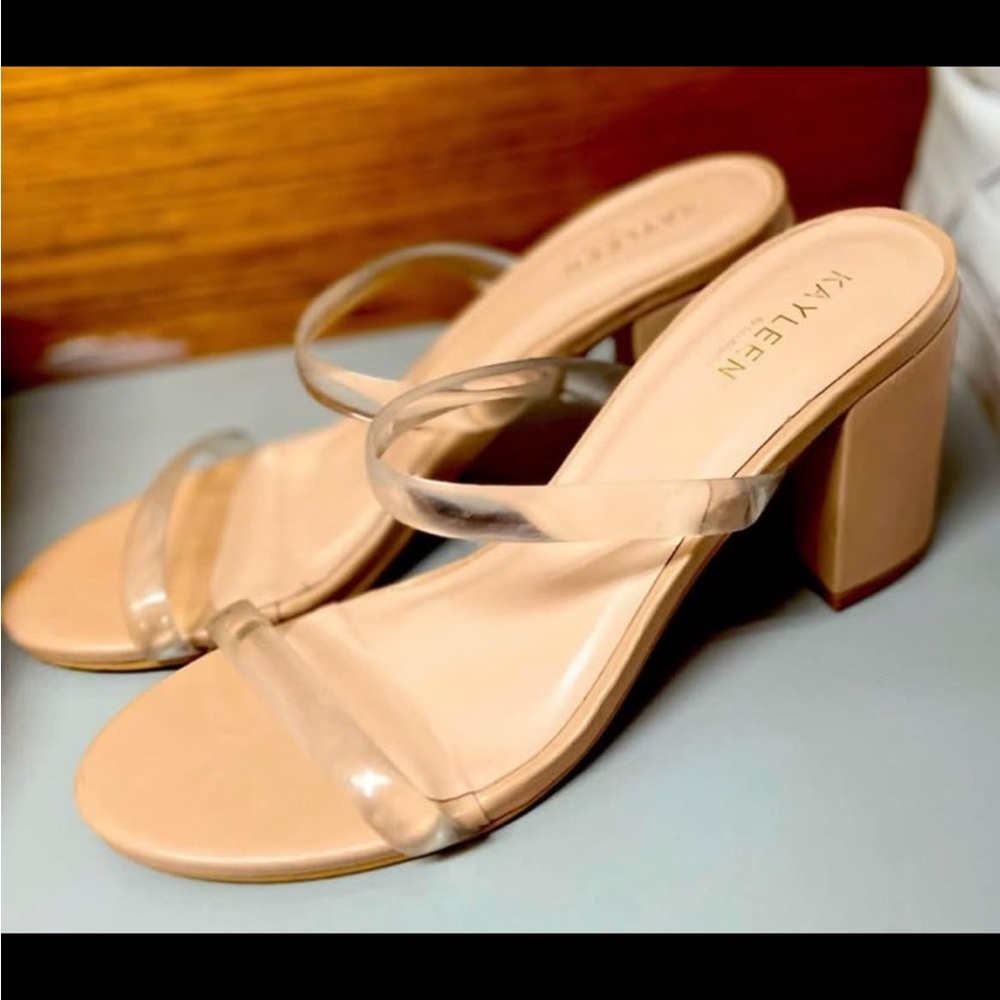 KAYLEEN By Los Angeles Nude Block Heel Sandals with Clear Straps